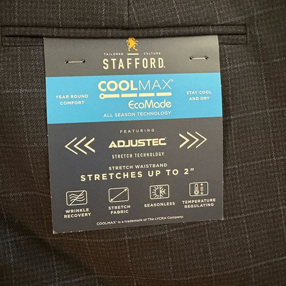 STAFFORD COOLMAX Classic Fit Flat Front Navy Plaid Dress Suit Pants NWT